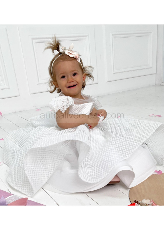 White Grid Lace Tulle V Back Short Flower Girl Dress